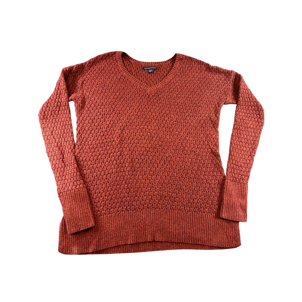 American Eagle Womens Rust Orange Textured V-Neck Open Knit Sweater Small